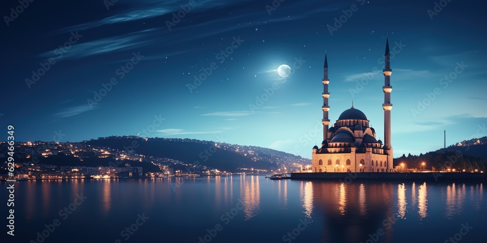 Naklejka premium Suleymaniye Mosque with a crescent above it. Night sky.