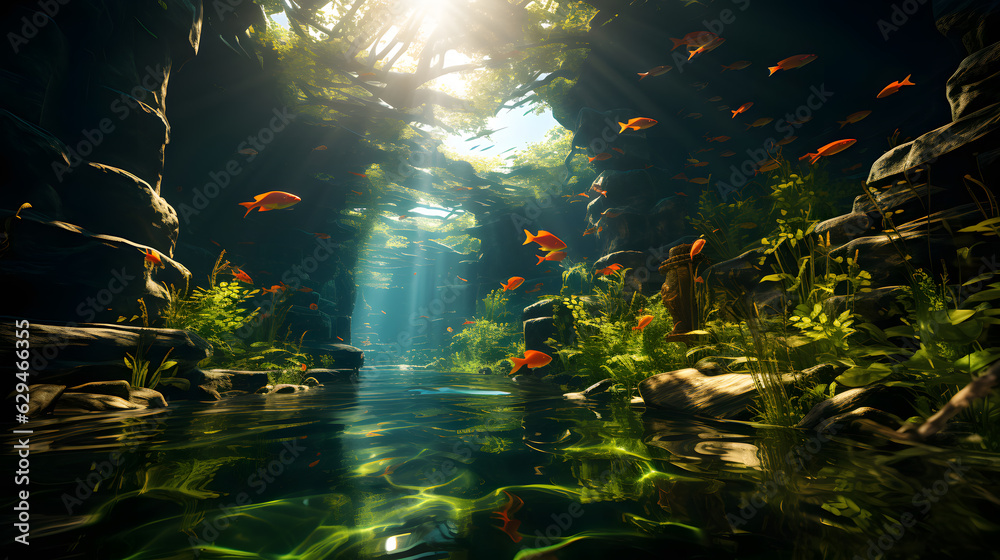Luminous Aquatic Dance: A Large Group of Fish in Dreamlike Waters, Enhanced by Dramatic Light, Shadow, and Detailed Foliage in Junglepunk Style with Red and Orange Sanctuary Vibes