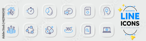 Download file, Full rotation and Online shopping line icons for web app. Pack of 24h service, Idea head, Work home pictogram icons. Budget, Oil drop, Teamwork signs. Timer, Search files. Vector