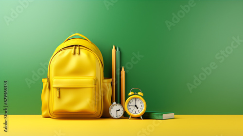 Back to school concept. Yellow backpack with books and school equipment on green background. Generative AI