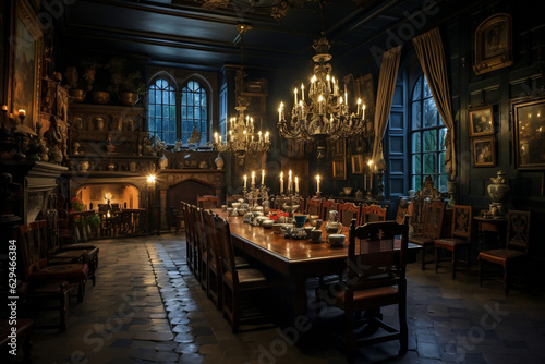 Elegant Dining: A Magnificent Castle's Dining Room adorned with Famous Paintings and Vintage Decor