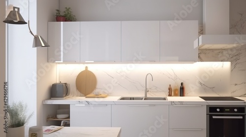Interior design of a white kitchen in a minimalist style, light background. AI generated.