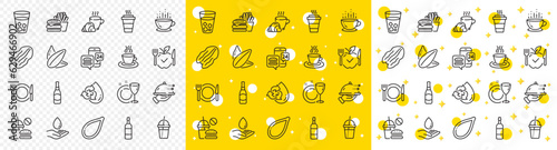 Outline Burger, Food delivery and Brandy bottle line icons pack for web with Restaurant food, Water care, Ice tea line icon. Takeaway, Coffee cocktail, Beer bottle pictogram icon. Vector