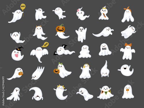 Little ghosts. Facial expressions of creepy happy ghosts recent vector pictures set