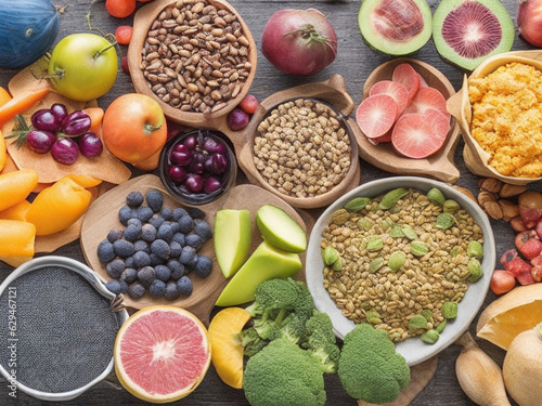 Healthy food, clean eating fruit, vegetable, seeds, superfood, cereals, leafy vegetable on black wood background with copy space, top views. Food Lover. Generative Ai. Free Stock Photo
