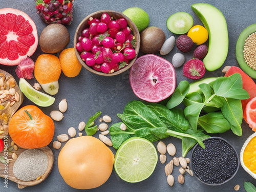 Healthy food, clean eating fruit, vegetable, seeds, superfood, cereals, leafy vegetable on black wood background with copy space, top views. Food Lover. Generative Ai. Free Stock Photo

