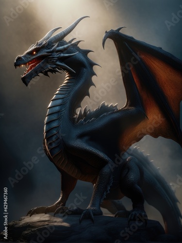 illustration of an ultra realistic Dragon in dramatic light fog © magr80