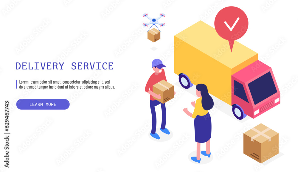 Delivery service concept. A postman hands over a box to a satisfied female client with a delivery van in the background. Isometric vector web banner. Delivery service concept. A postman hands over a box to a satisfied female client with a delivery van in the background. Isometric vector web banner.
