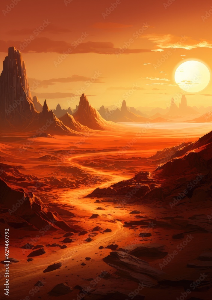 Orange desert surrounded by large mountains, mountains wallpaper. Generative Ai.