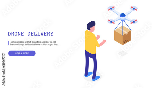 Efficient drone delivery service. A drone successfully delivers a box to a delighted male customer. Isometric vector web banner.
