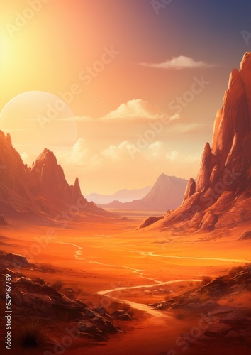 Orange desert surrounded by large mountains  mountains wallpaper. Generative Ai.