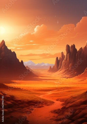 Orange desert surrounded by large mountains  mountains wallpaper. Generative Ai.