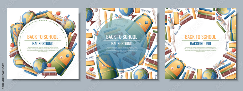 Back to school frame design. Set of postcard templates with backpack, books, globe. School, Knowledge, education.Background with school supplies