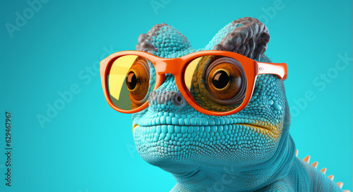 Festive Chameleon with Glasses and Sparkling Background, Generative AI