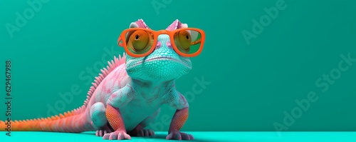Festive Chameleon with Glasses and Sparkling Background, Generative AI