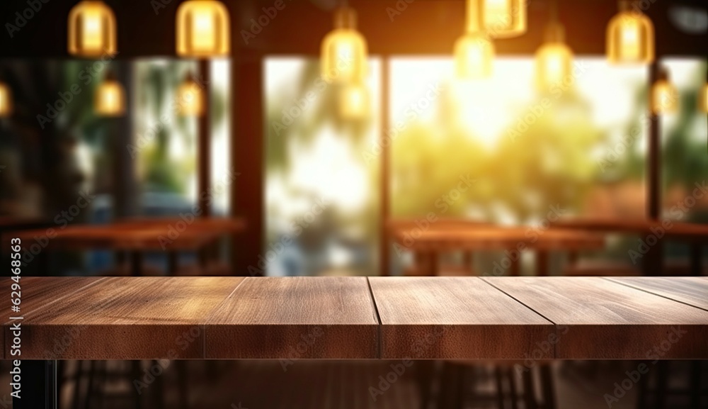 This stunning coffee shop photograph featuring a cozy shelf and table setup, perfect for a cafe or restaurant decor. The bokeh effect in the background adds a touch of magic to the scene