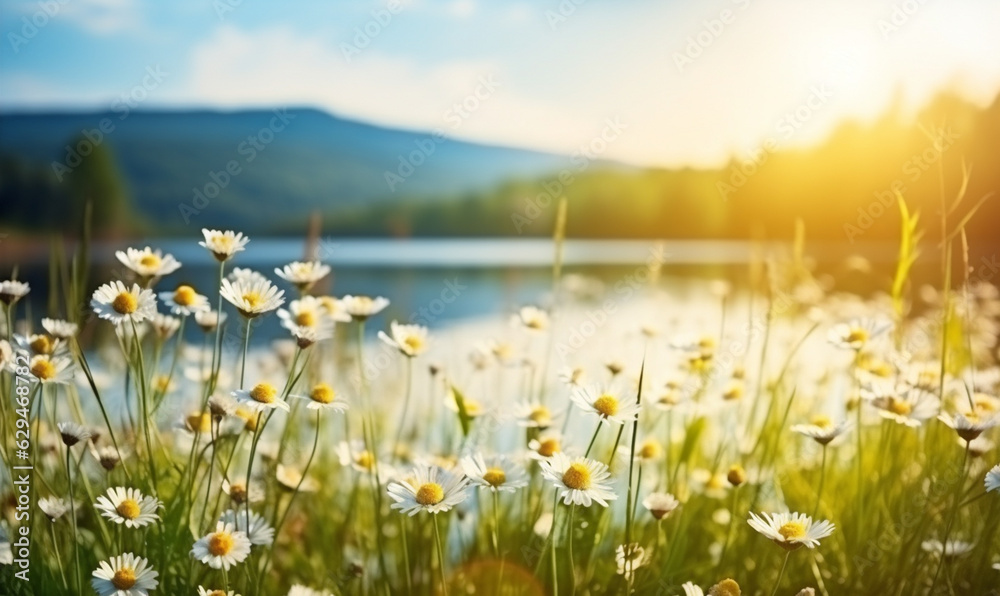 a beautiful meadow filled with chamomile flowers in the morning sun