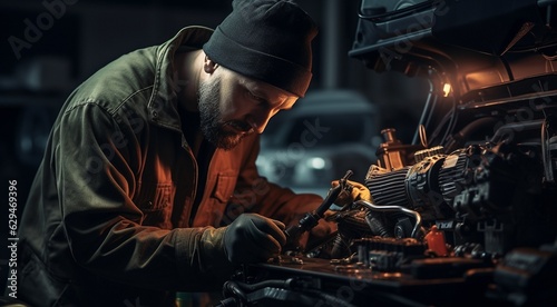 auto mechanic is fixing car in the garage, car engine in the garage, car in service