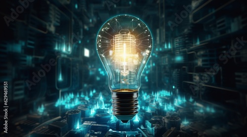 Illuminating Ideas: Light Bulb with Blue Glow and Information Burst, Generative AI