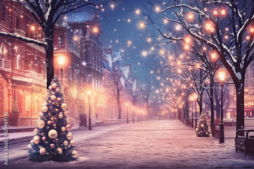 Christmas decorating tree with lanterns at night
