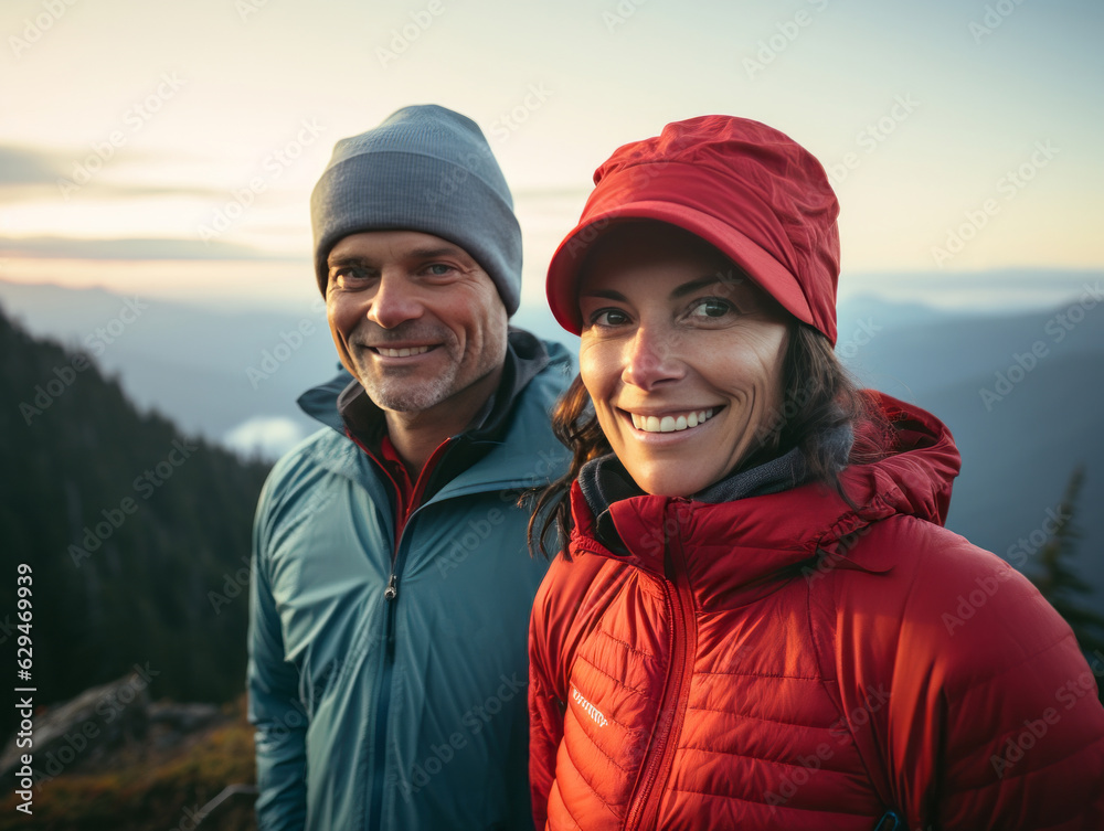 An active middle-aged couple hiking in the mountains wearing beanies, puffer jackets, and backpacks at dawn, smiling. Mountains are in the background and the sun is rising in the horizon.