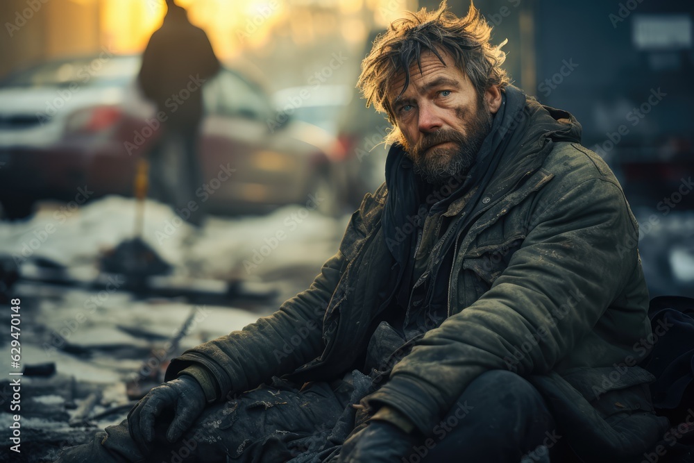 homeless man sleeping on the street - AI Generated