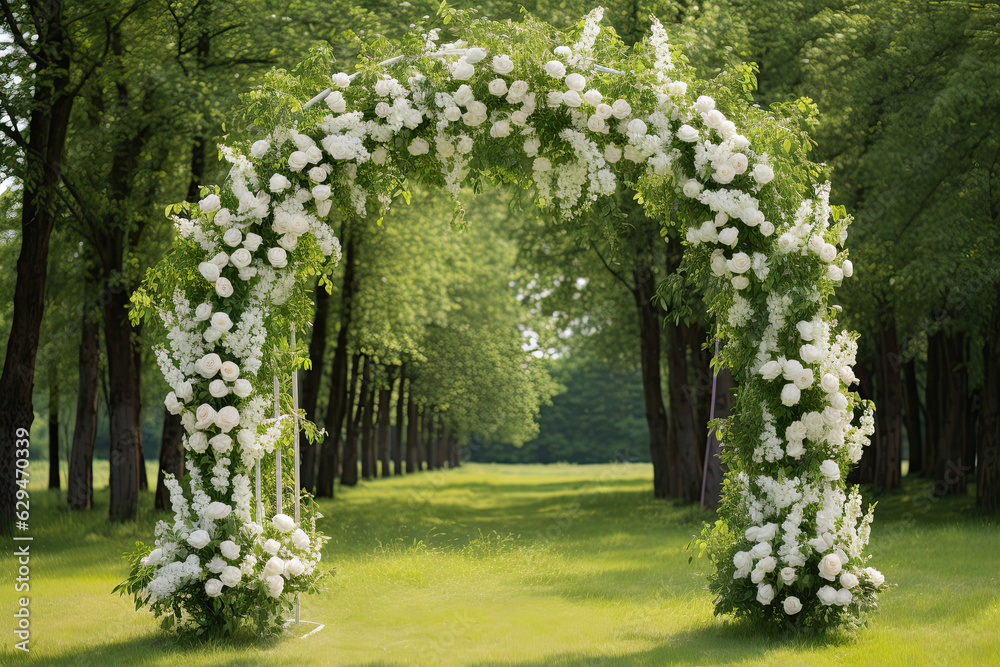 A wedding arch adorned with fresh summer flowers A wedding arch adorned with fresh summer flowers