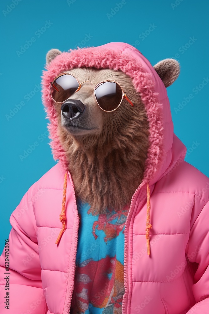 Fototapeta premium Fashionable antropomorphic portrait of bear, pastel blue background