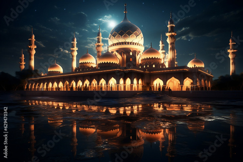 Nocturnal Beauty: Majestic Mosque Illuminated Against the Night Sky