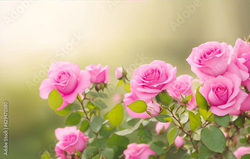 Fototapeta Naklejka Na Ścianę i Meble -  Art Beautiful wild pink rose flowers in Summer morning with copy space