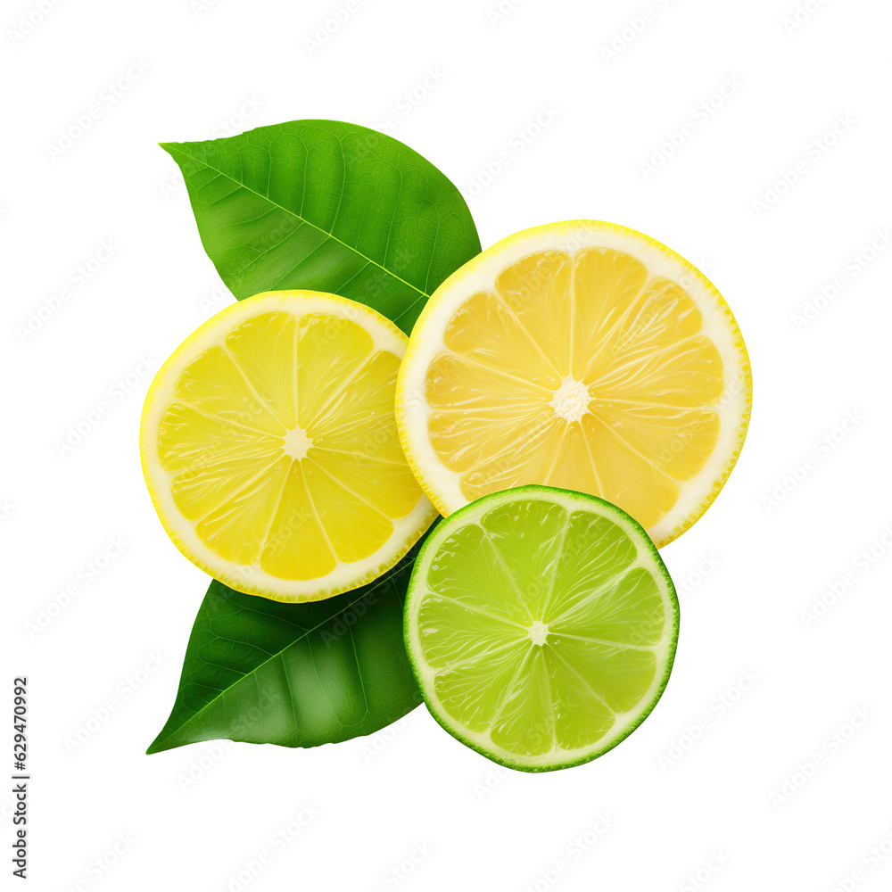 lime and lemon with leaves isolated on a transparent background, created with Generative AI lime and lemon with leaves isolated on a transparent background, created with Generative AI
