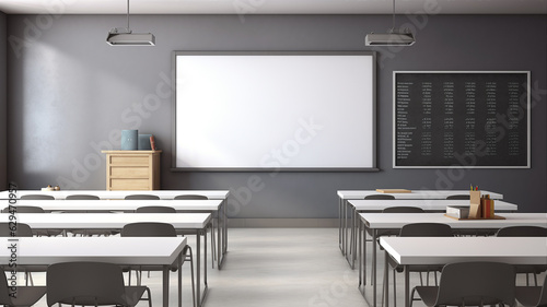 Empty modern classroom with white Interactive board. Generative AI