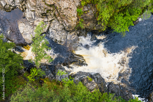 Falls of Falloch from a drone  Waterfall on River Falloch  Crianlarich  Stirling  West Highland  Scotland  UK 