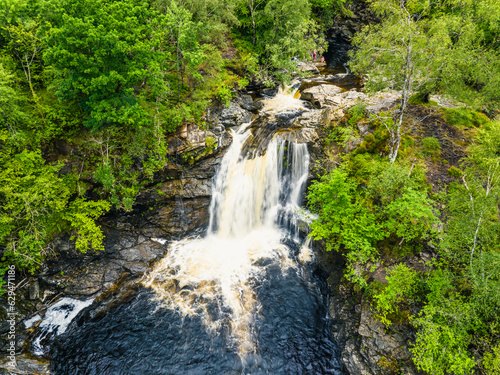 Falls of Falloch from a drone  Waterfall on River Falloch  Crianlarich  Stirling  West Highland  Scotland  UK 