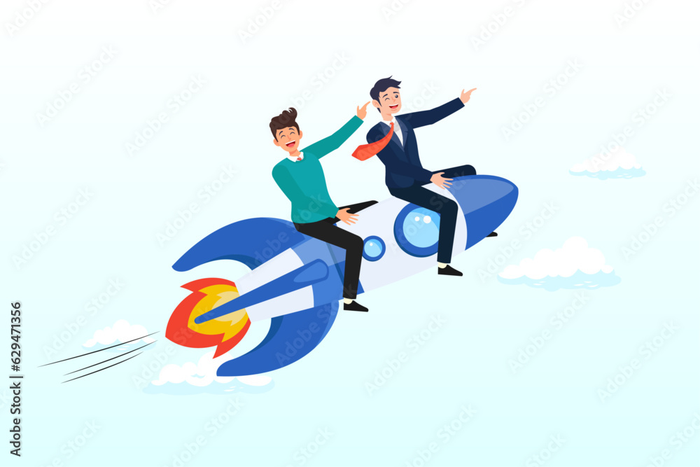 Business people riding rocket, leader pointing direction, team direction, leadership to guide team to success, boost team productivity or innovation to succeed, partnership or success startup (Vector)