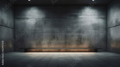 Empty room with concrete walls, dark interior with spotlights. Industrial copy space. Generative AI © AngrySun