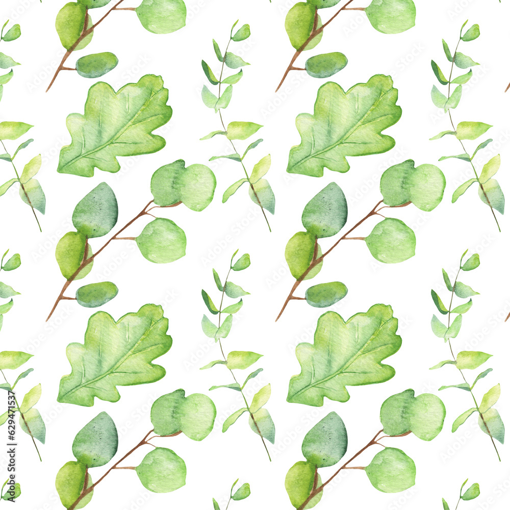Seamless pattern green leaves trees and branches, foliage of natural branches, green leaves, herbs, tropical plants hand drawn watercolor on white background. Seamless pattern green leaves trees and branches, foliage of natural branches, green leaves, herbs, tropical plants hand drawn watercolor on white background.
