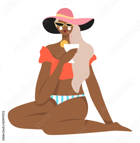 Stylish female character with cocktail in swimsuit