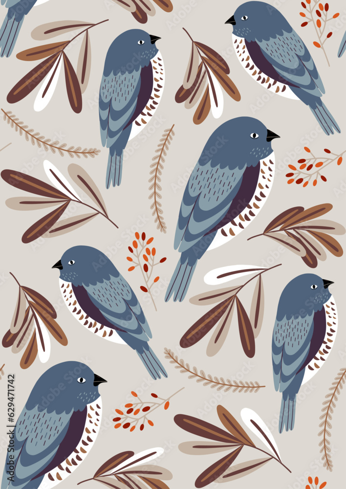 Naklejka premium Seamless pattern with bullfinches in vintage style. Beautiful autumn pattern with a bird.