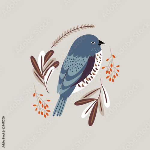 Vector illustration with bullfinch and red berries in vintage style. Isolated vector illustration with a bird.