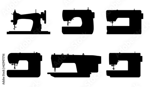 Sewing machine set icons isolated on white background. Mechanical devices for stitching fabric and creating garments. Retro and modern machines for sewing. Equipment of a dressmaker.