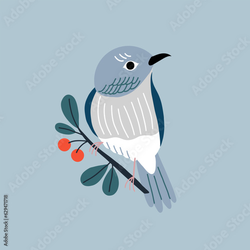 Vector illustration with bullfinch and red berries. Beautiful winter print with a bird.