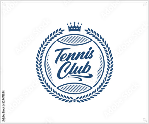 Vector round tennis club logo with tennis ball, wreath and crown