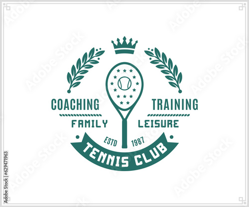 Tennis club logo with tennis ball and racket. Sport label with sample text. Tennis emblem design