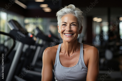Old woman working out on treadmill, looking at camera, selective focus. She is smilling. Modern Gym in background. Fictional person. Generated Ai