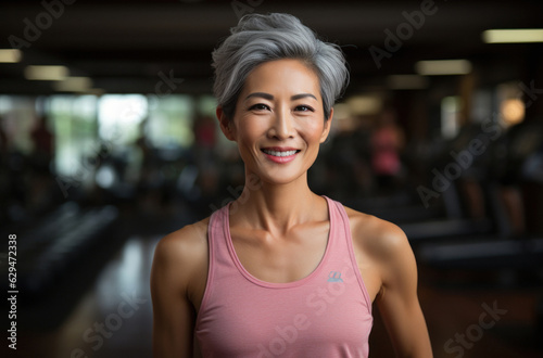 Middle aged asian woman working out on gym  looking at camera  selective focus. She is smilling. Modern Gym in background. Fictional person. Generated Ai