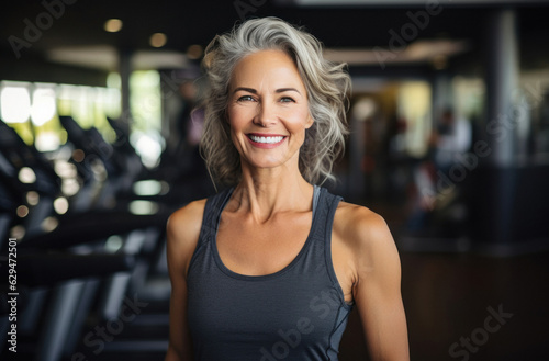 Portrait of senior caucasian woman working out on gym, looking at camera, selective focus. She is smilling. Modern Gym in background. Fictional person. Generated Ai