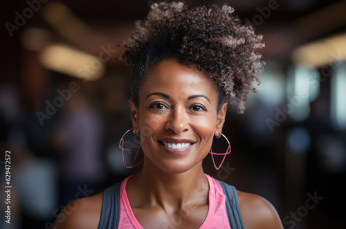 Portrait of middle aged multi ethnic woman working out on gym, looking at camera, selective focus. She is smilling. Modern Gym in background. Fictional person. Generated Ai © ABCreative