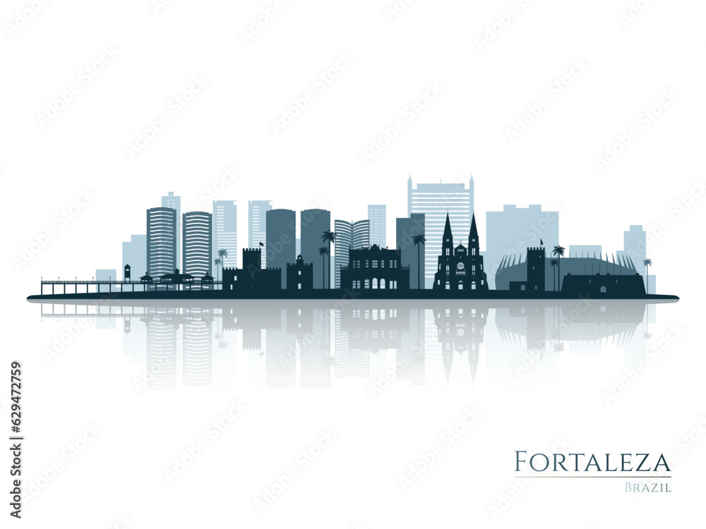 Fortaleza skyline silhouette with reflection. Landscape Fortaleza, Brazil. Vector illustration.