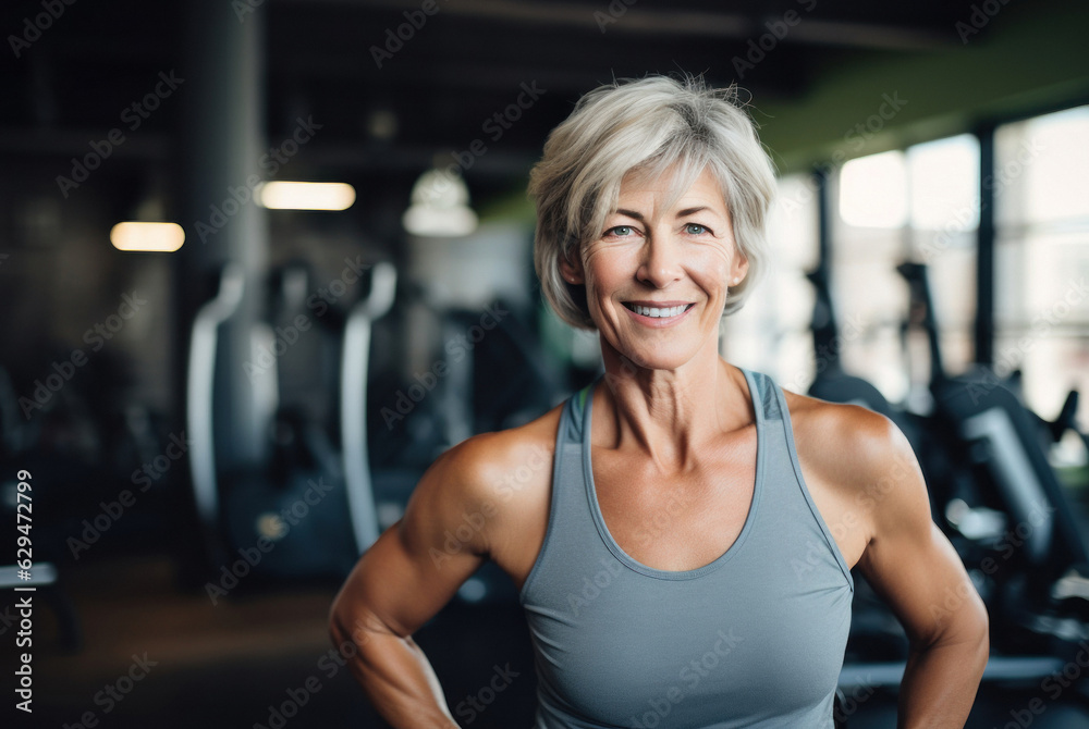 Portrait of senior caucasian woman working out on gym, looking at camera, selective focus. She is smilling. Modern Gym in background. Fictional person. Generated Ai